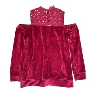 Entro Shirt Womens M Red Velour Romantic Feminine Off Shoulder Lace‎ Boho Chic